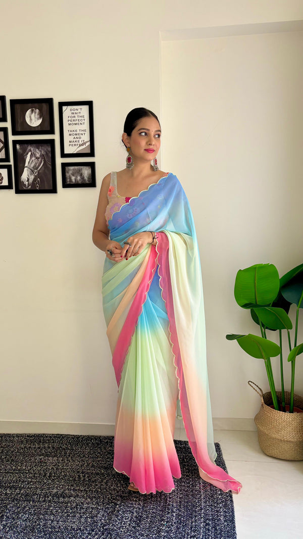 Amazing  Work Blouse With Blue and Pink Shade Saree