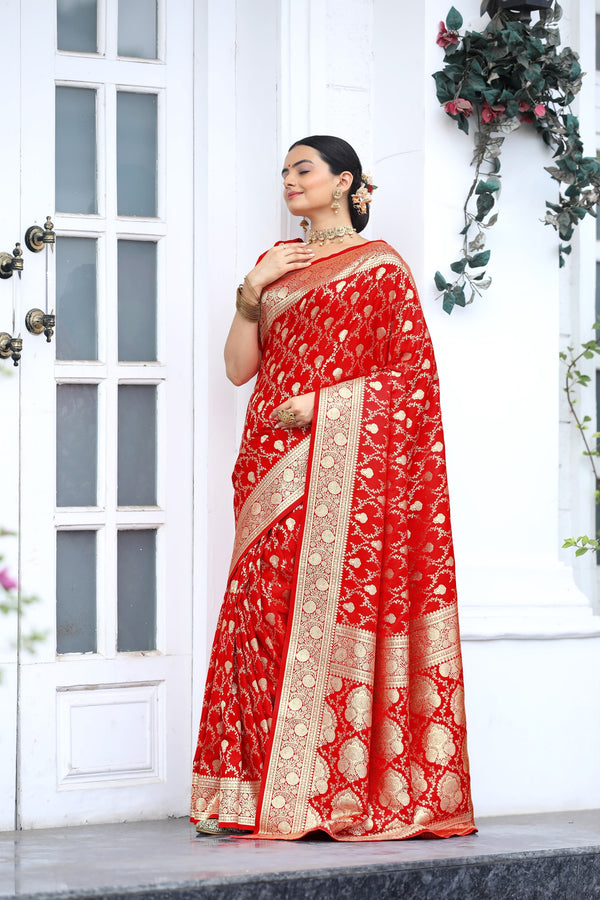 Amazing Red Color Silver Jari Design Silk Saree