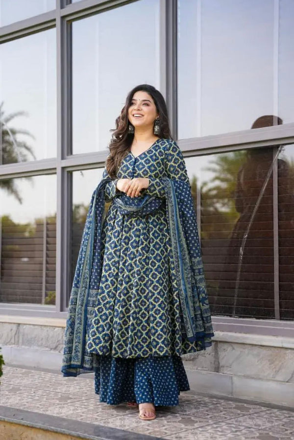 Glorious Blue Color Soft Cotton Anarkali Suit