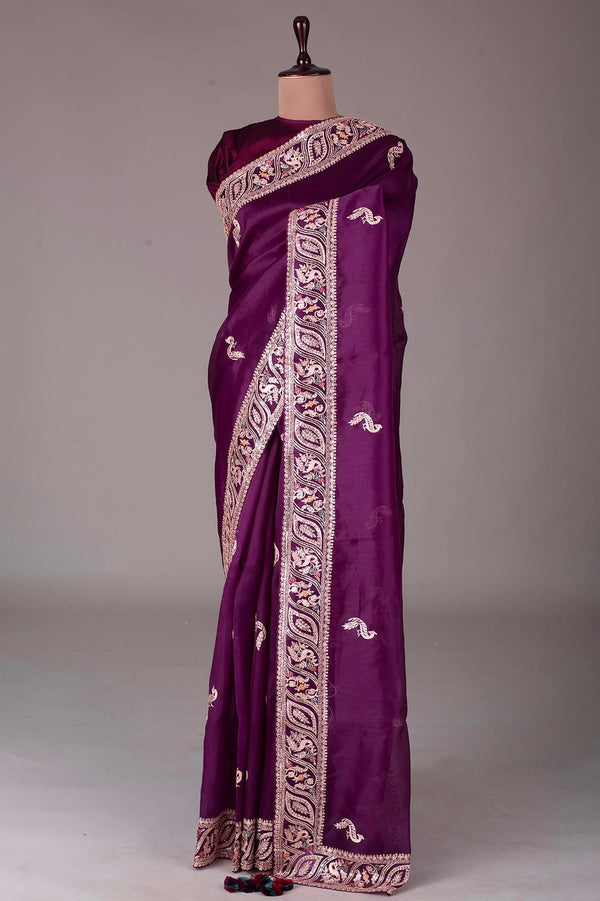 Beautiful Cut Work Border Wine Color Multi Thread Saree
