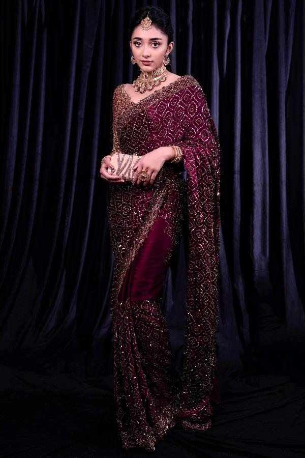Heavy Full Sequence Work Maroon Color Designer Saree