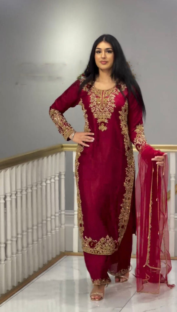 Fancy Chine Sequence Work Red Color Palazzo Suit