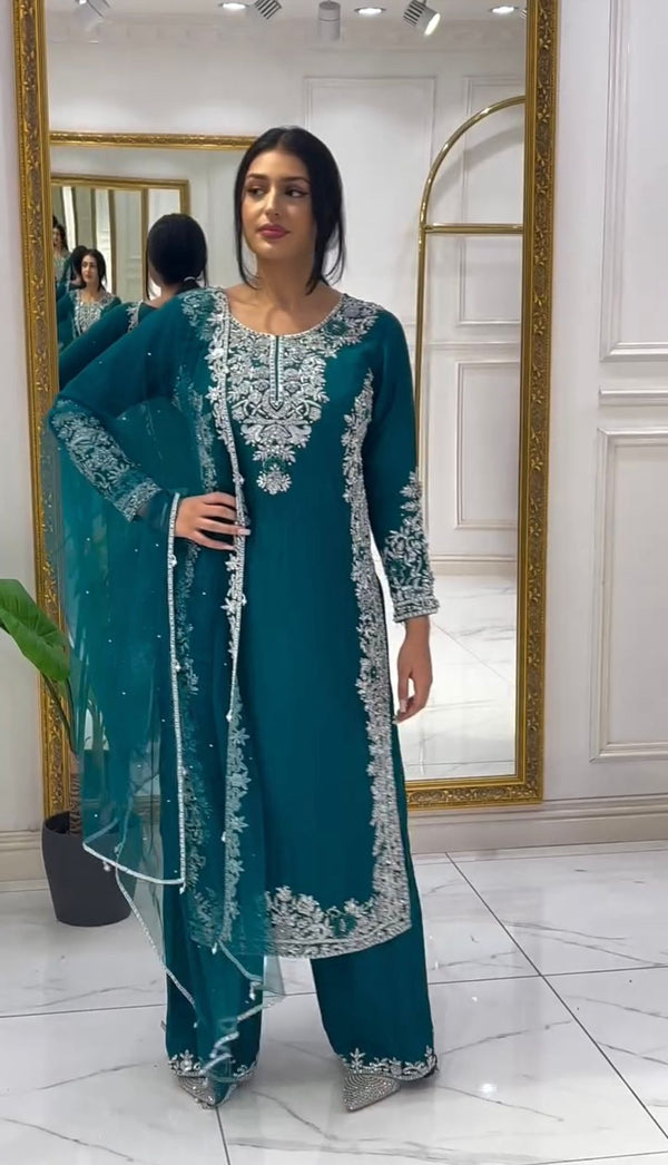 Fancy Chine Sequence Work Teal Blue Color Palazzo Suit