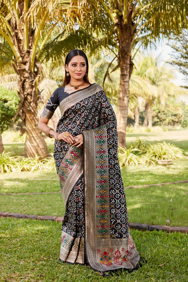 Designer Zari Border Black Color Gharchola Bandhej Silk Saree