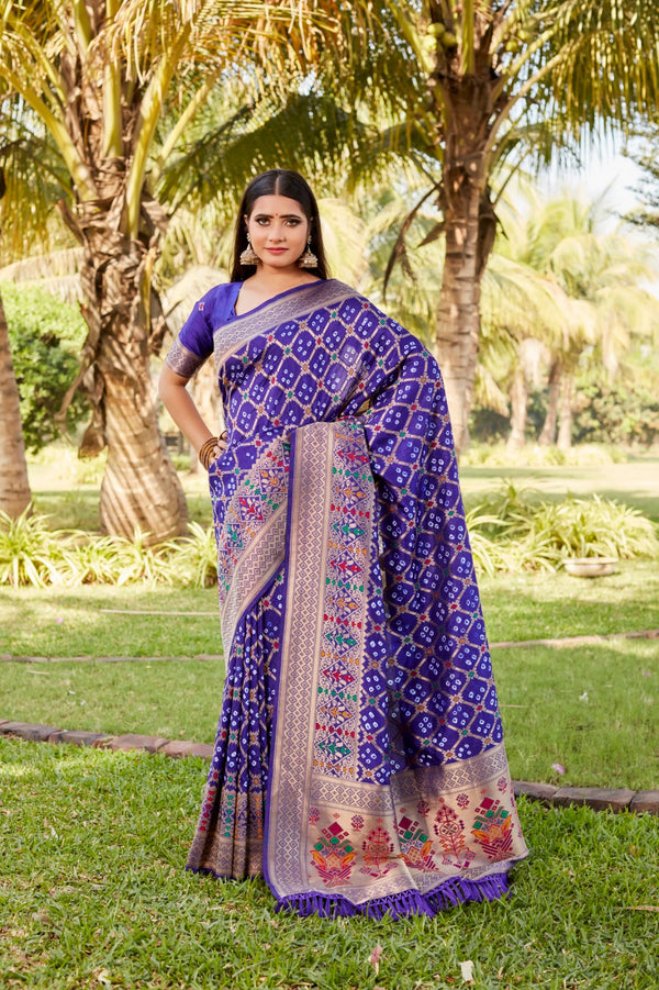 Designer Zari Border Purple Color Gharchola Bandhej Silk Saree