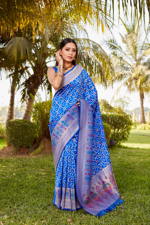 Designer Zari Border Blue Color Gharchola Bandhej Silk Saree