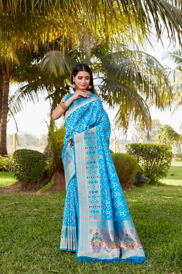Designer Zari Border Sky Blue Color Gharchola Bandhej Silk Saree