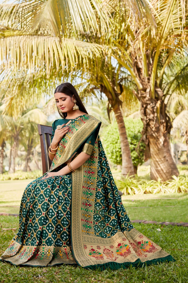 Designer Zari Border Green Color Gharchola Bandhej Silk Saree
