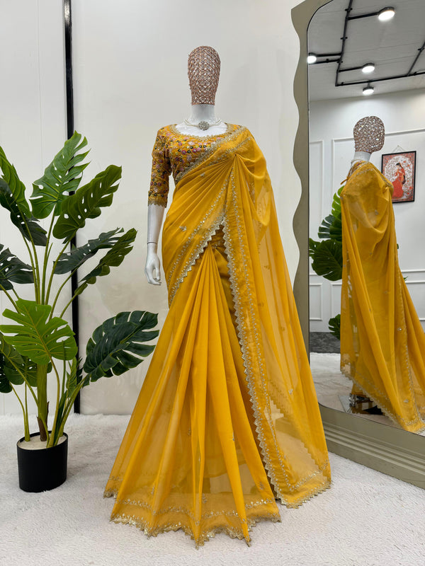 Wedding Wear Yellow Color Thread Work Saree