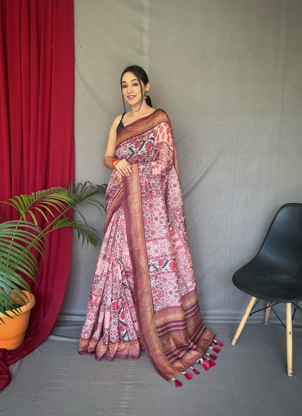 Multi Design With Kashmiri Print Wine Border Saree