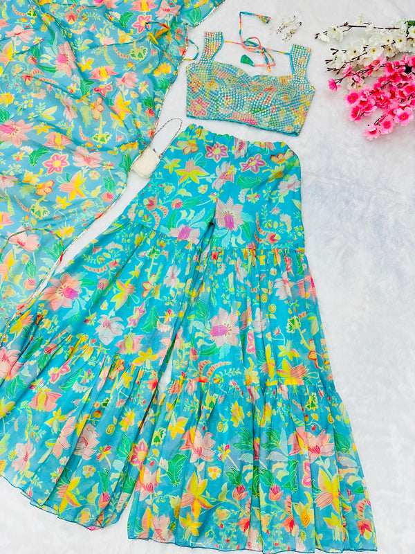 Organza Multi Printed Sky Blue Color Sharara Suit