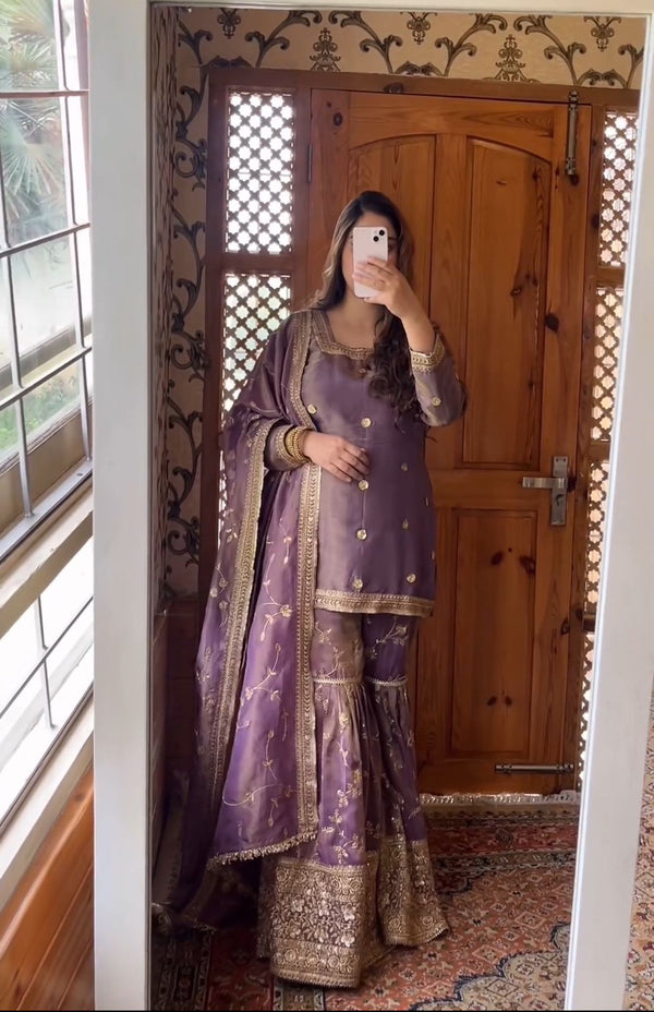 Function Wear Lavender Color Heavy Work Sharara Suit