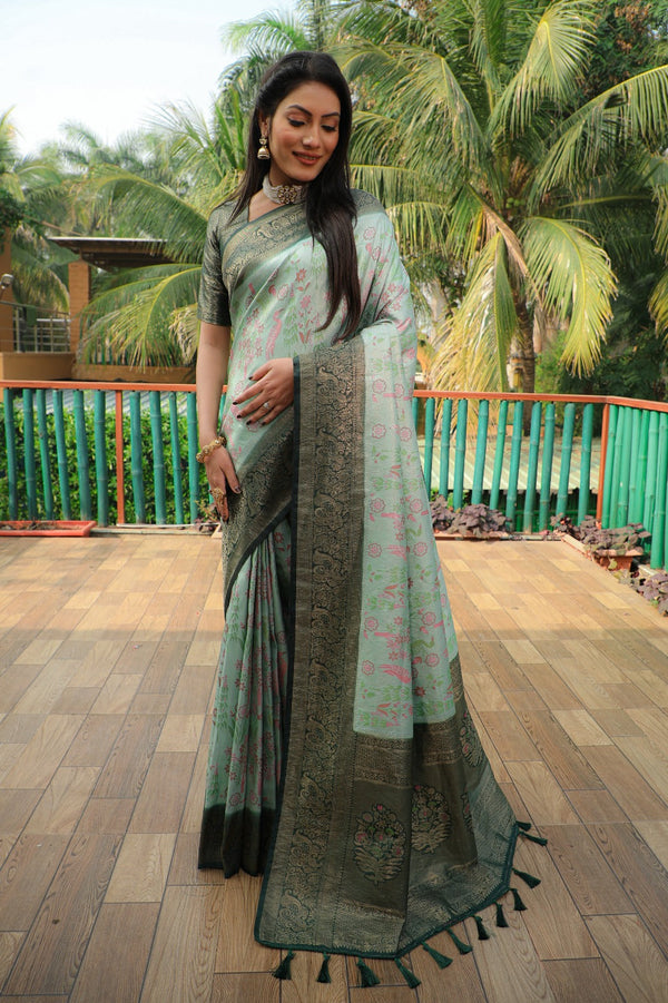 Beautiful Green Border With Pista Color Kanjivaram Silk Saree