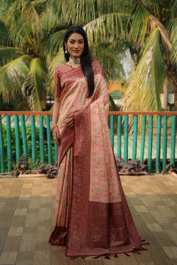 Beautiful Maroon Border With Peach Color Kanjivaram Silk Saree