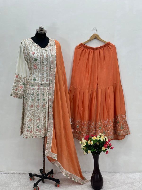 Pakistani Orange With White Thread With Dimond Work Sharara Suit