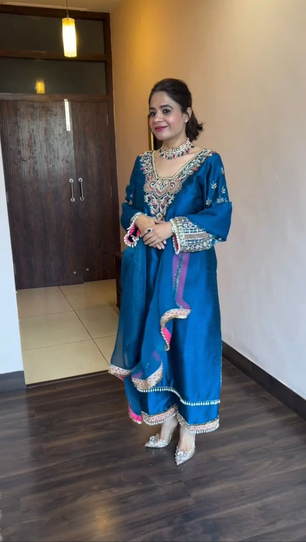 Lovely Embroidery Work Blue Color Vichitra Silk Palazzo Suit