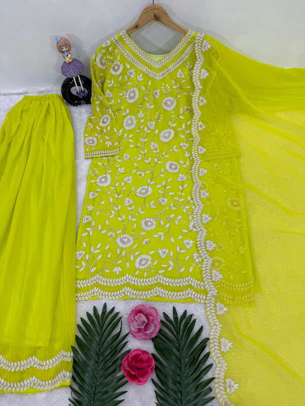 Festive Wear Heavy Sequence Work Parrot Green Color Sharara Suit