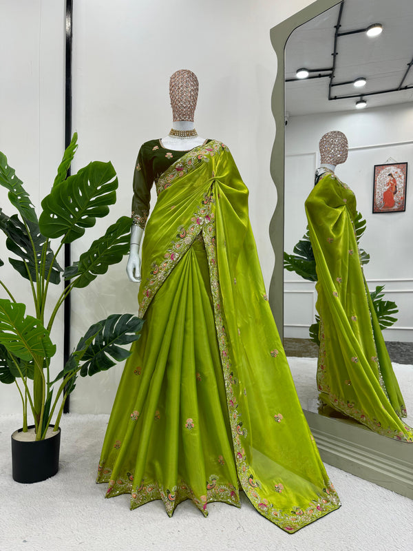 Presenting Green Color Heavy Sequence Work Saree