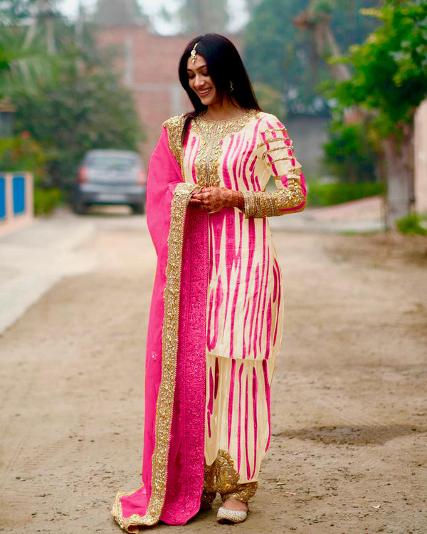 Punjabi Style Pink Color Mirror Work Shibori Print Patiala Suit