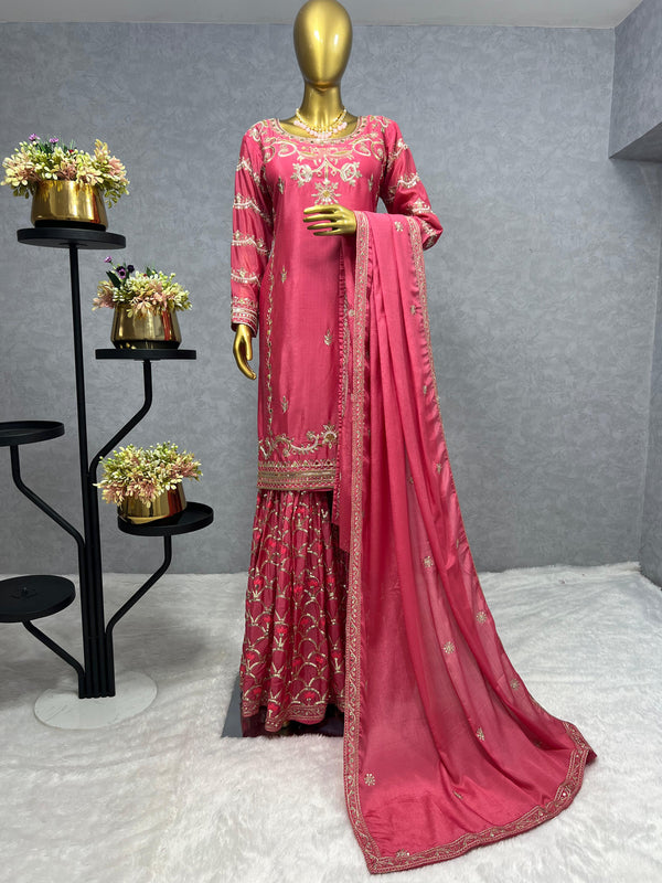Beautiful Full Sequence With Mirror Work Pink Sharara Suit