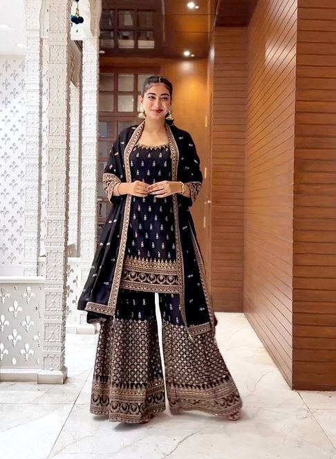 Thread With Sequence Work Black Color Delightful Sharara Suit
