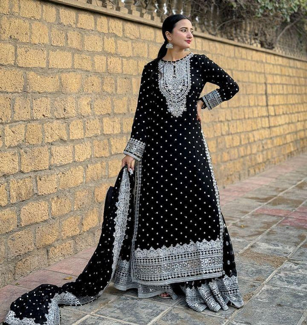 Designer Embroidery WIth Sequence Work Black Sharara Suit