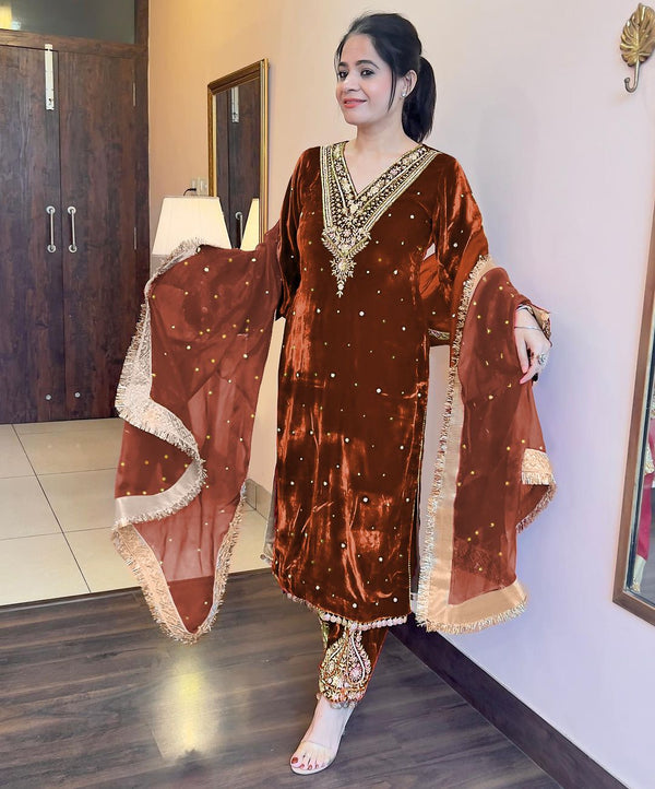 Fabulous Coffee Color Velvet Sequence Work With Rivet Moti Work Suit