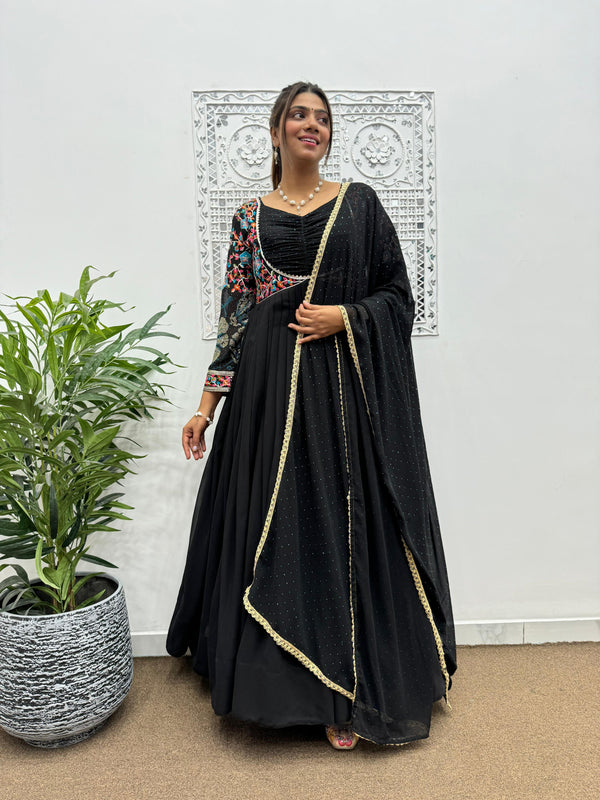 Black Color Embroidery Work Georgette Long Gown