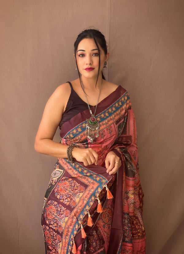 Blissful KALAMKARI PRINTS  Orange Color Saree