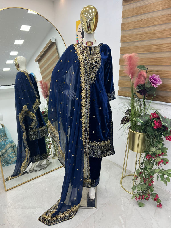 Festive Wear Blue Color Velvet  Work Salwar Suit