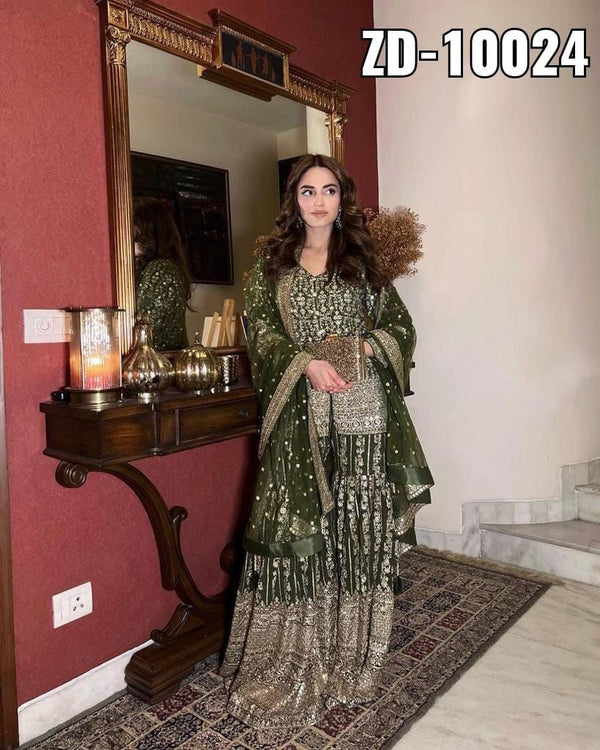 Wedding Wear Sequence Work Green Color Sharara Suit