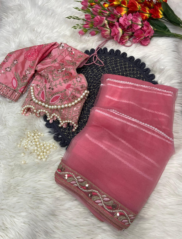 Wedding & Party Wear Hand Diamond Work Pink Color saree