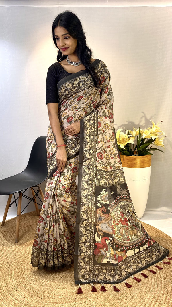 Attractive Cotton Chanderi Cream & Black Border Saree