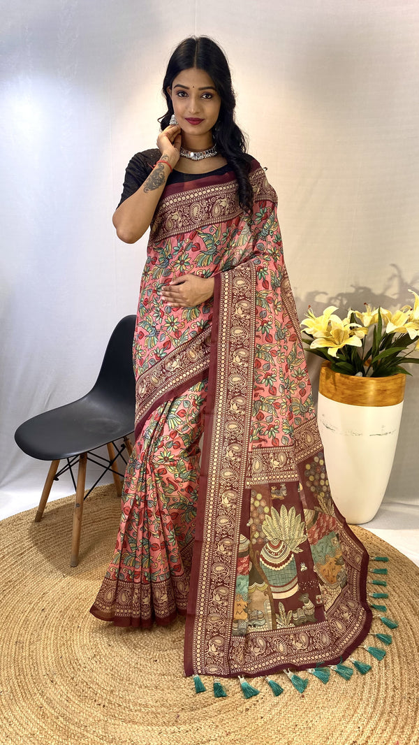 Attractive Cotton Chanderi Pink & Maroon Border Saree