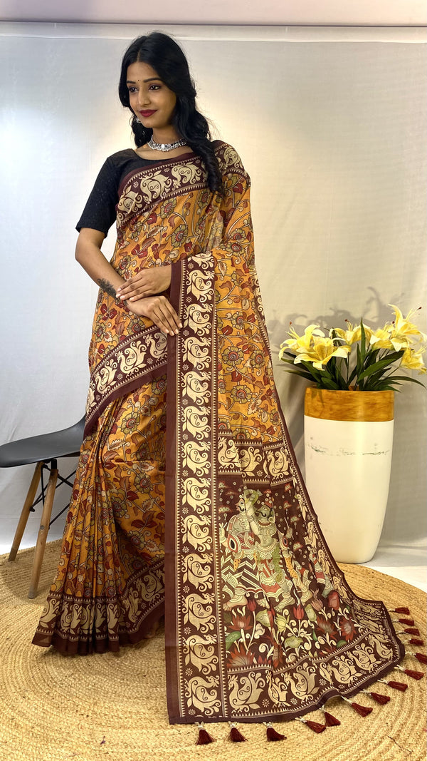 Attractive Cotton Chanderi Orange & Maroon Border Saree