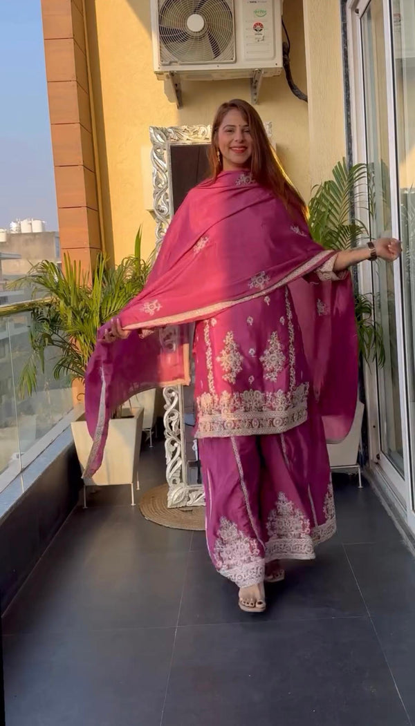 Trendy Chinnon Silk Sequence Work Pink Color Sharara Suit