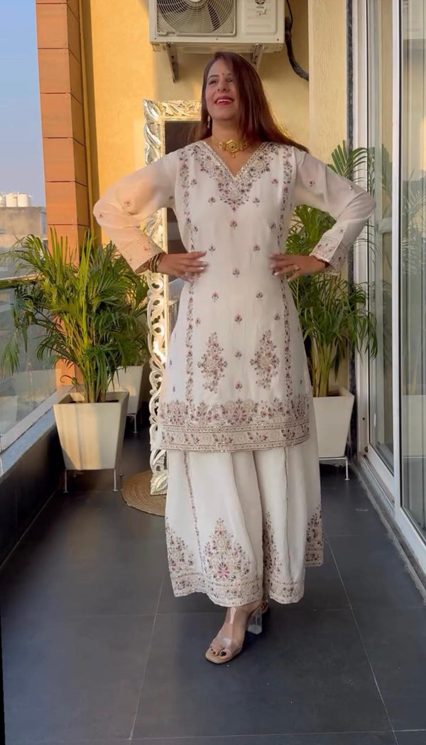 Trendy Chinnon Silk Sequence Work White Color Sharara Suit