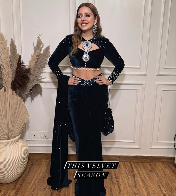 Party Wear Blue Color Moti Work Lehenga Saree