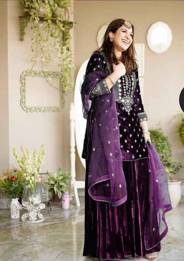Fabulous Georgette Purple Color Sharara Suit