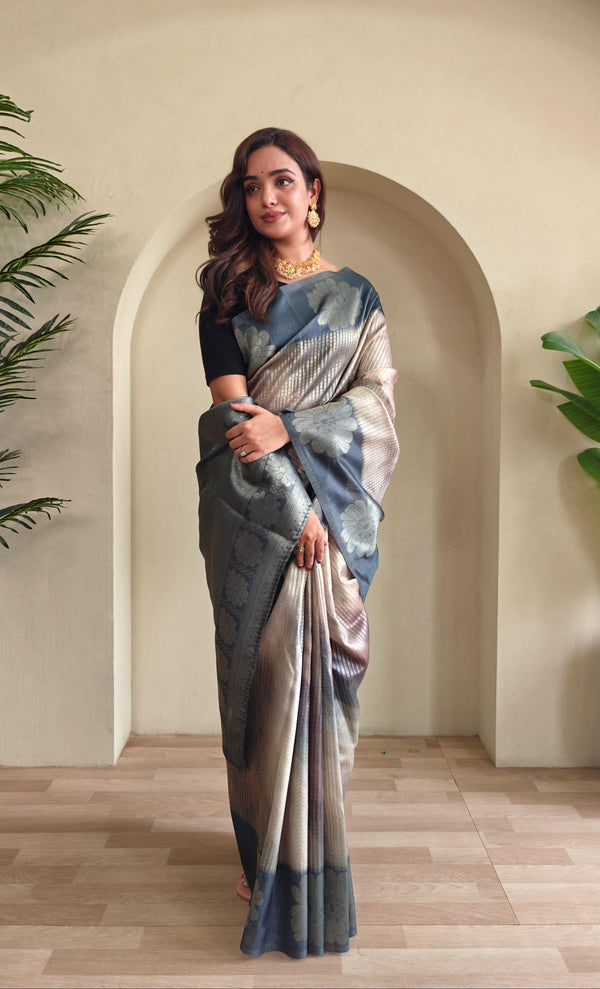 Grey Color Flower Print Silk Saree