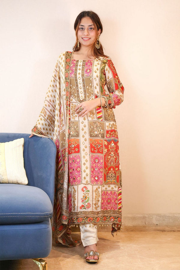 Stylish Multicolor Chinon Silk Digital Printed Straight Salwar Suit