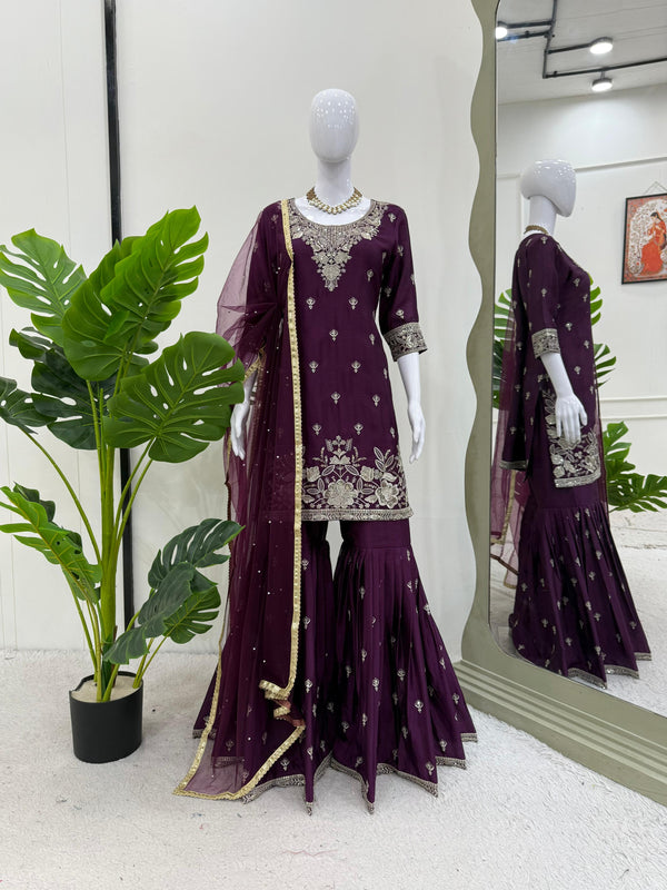 Wine Color Sequence Work Blissful Sharara Suit