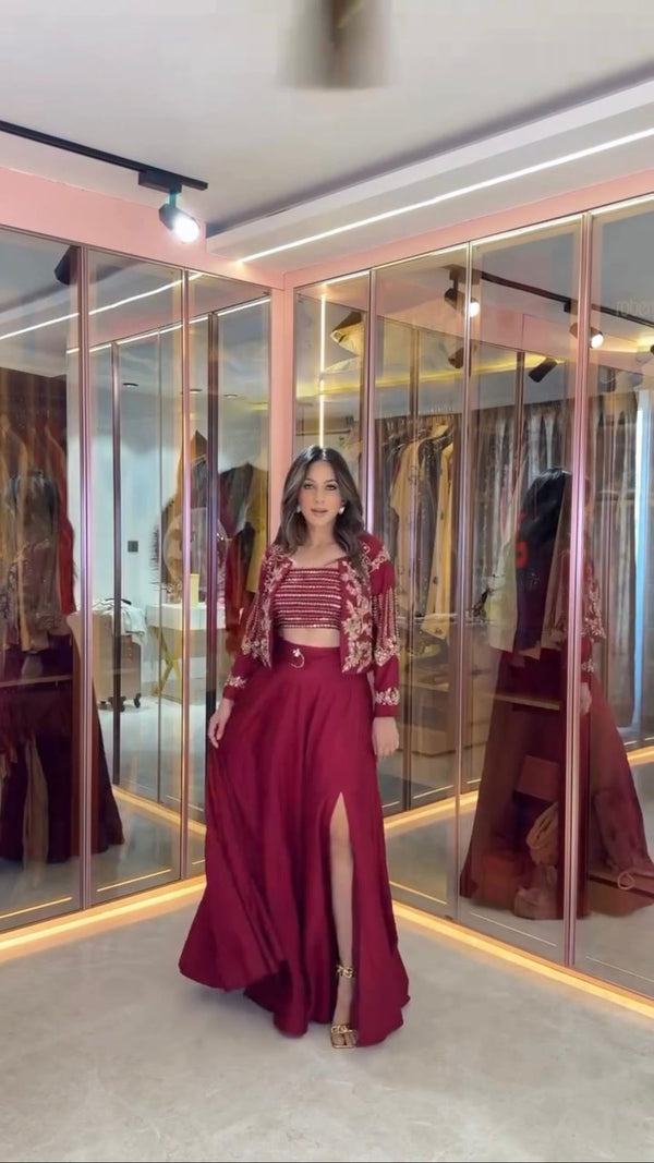 Wonderful Sequence Embroidery Work Red Color Lehenga Choli With Shrug