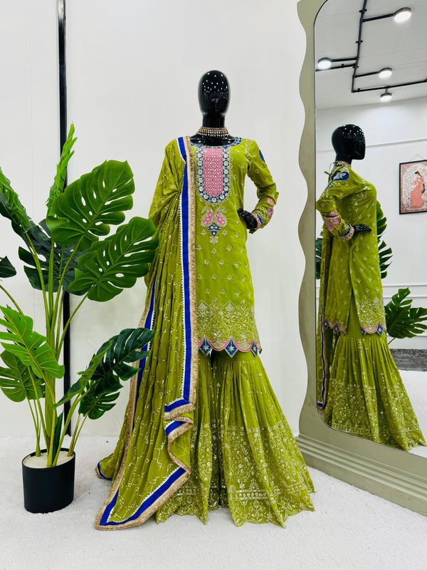 Thread with Sequence Work Green Color Sharara suit