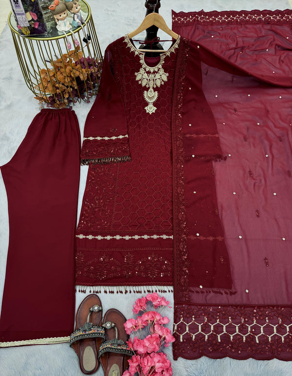 Designe Georgette Sequence Work Maroon Color Plazzo Suit
