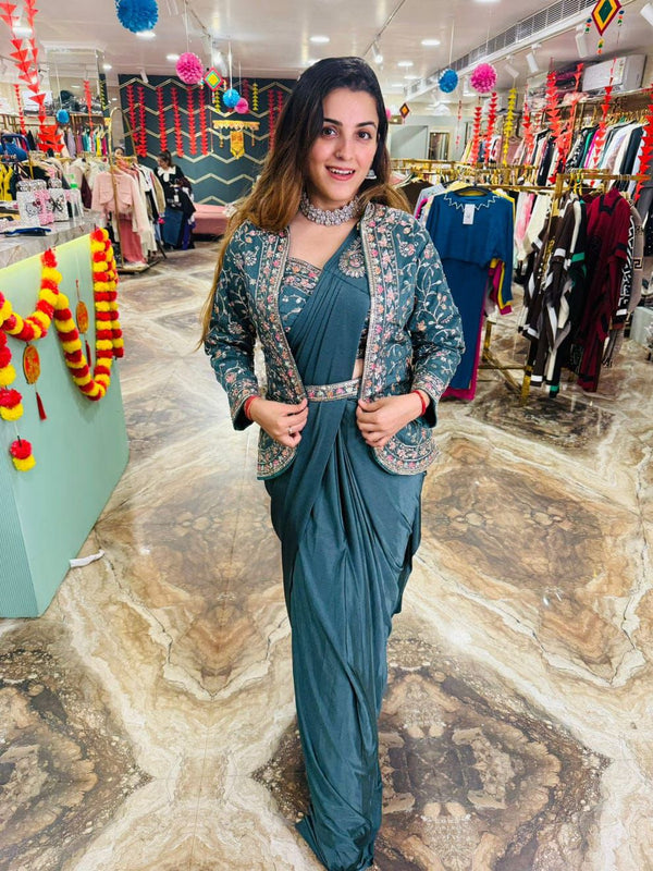 Wedding Wear Rangoli Silk Teal Blue Color Saree With Koti