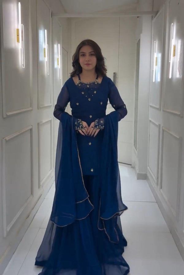 Georgette Blue Color Stylish Palazzo Suit