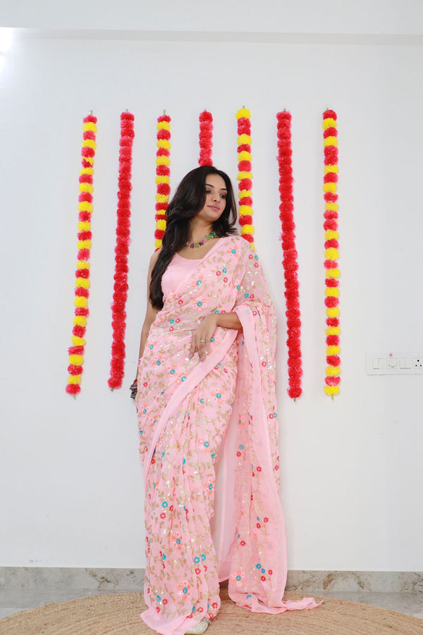 Multi Thread Work Pink Color Saree