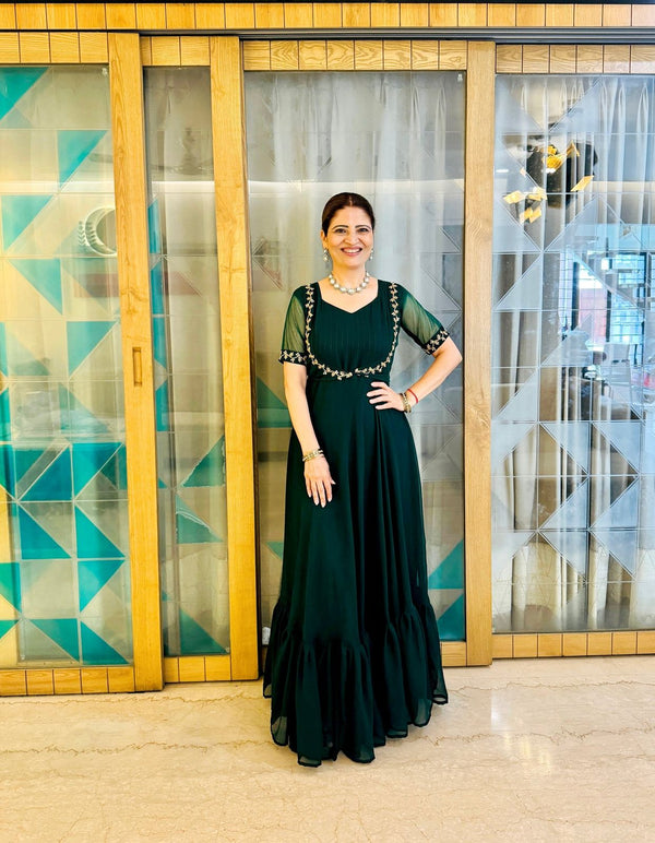 Designer Georgette Green Color Gown With Koti