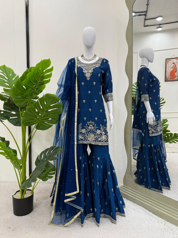Navy Blue Color Sequence Work Blissful Sharara Suit